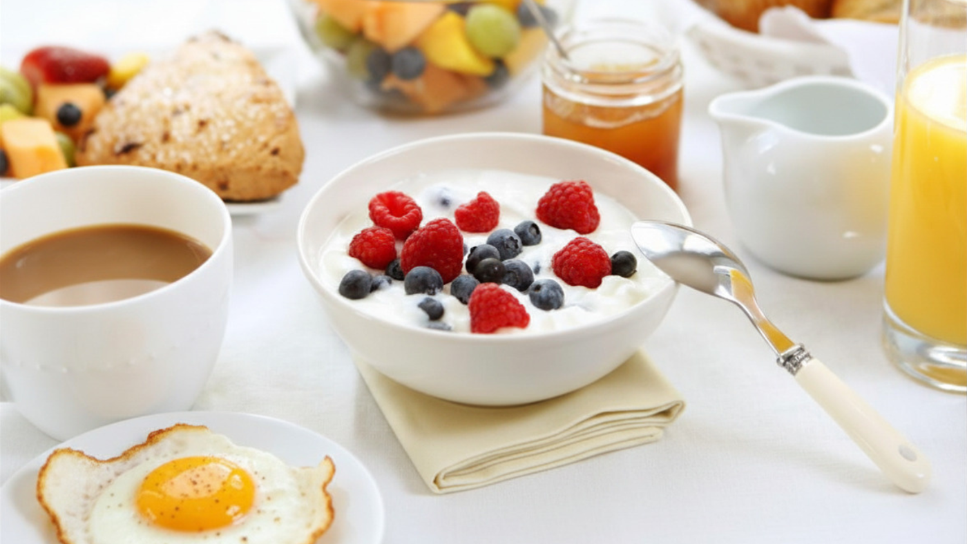 Frühstückstisch mit Gebäck, Ei, Fruchtsaft, Kaffee, Müsli und Obst